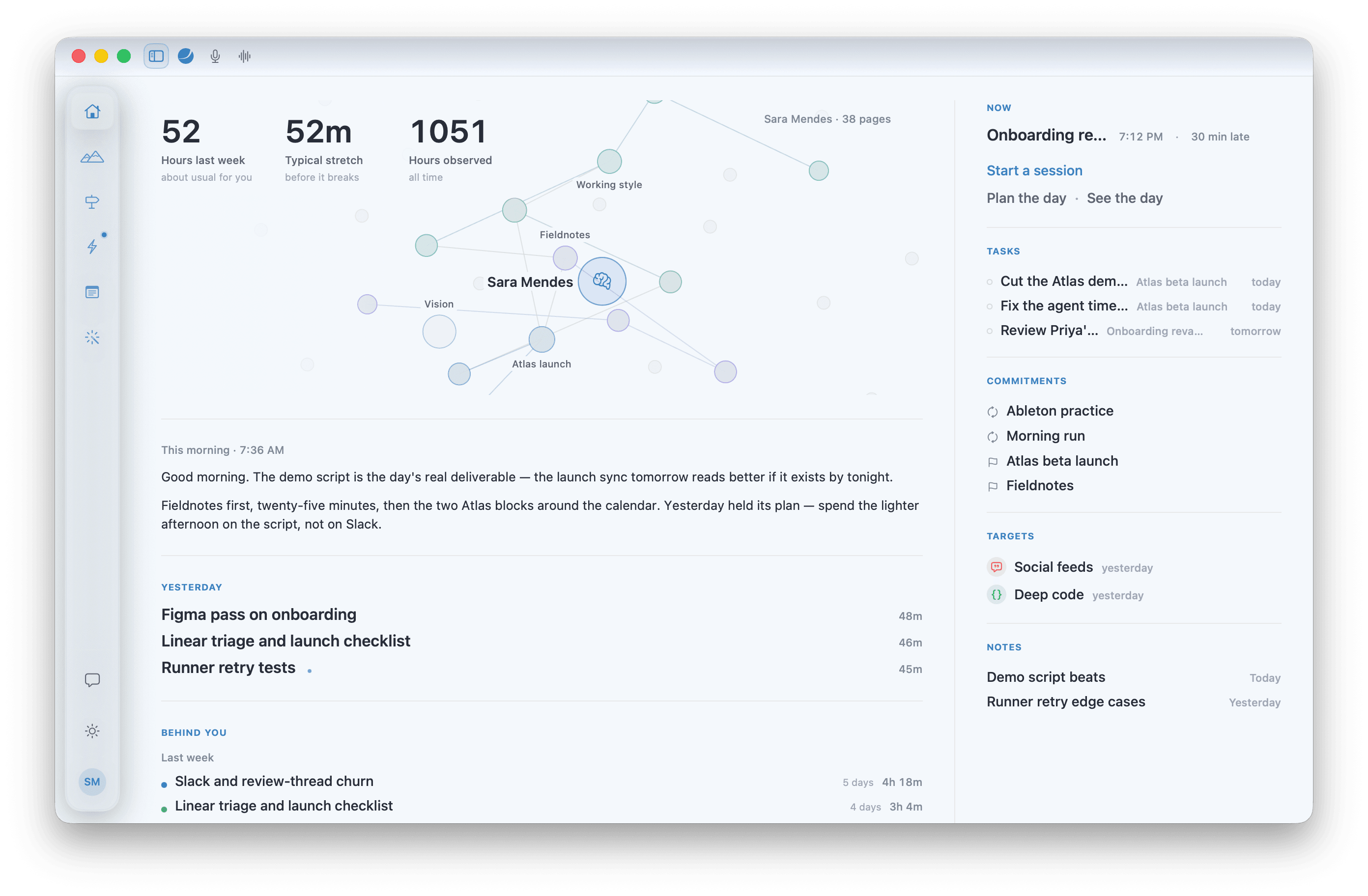 The Home tab: hours last week, the typical stretch before it breaks, hours observed all time, the Portrait constellation of what Locus knows about you, this morning's brief, and yesterday's closed blocks.