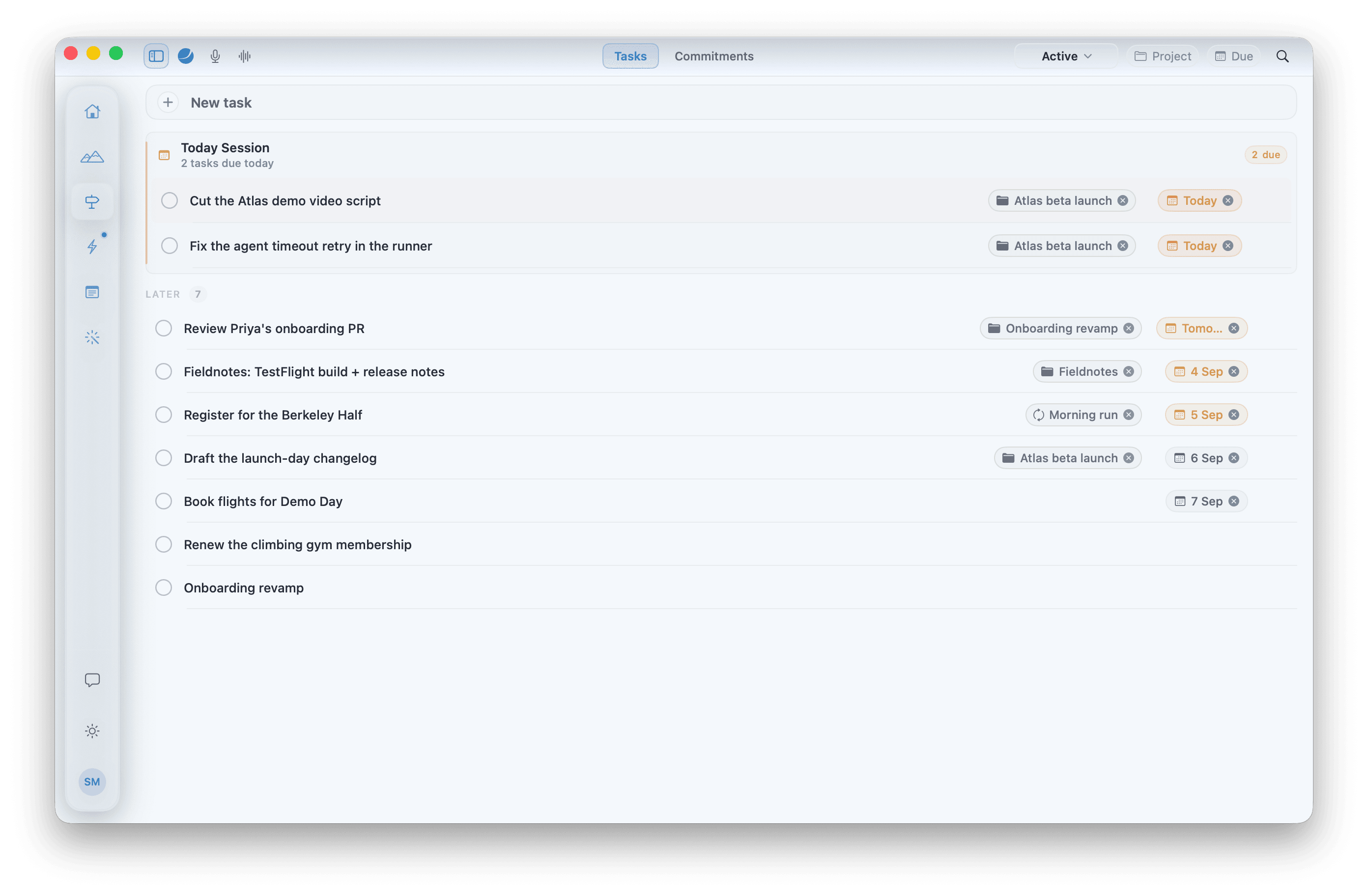 The Path tab showing Tasks: two due today in the Today Session, seven for later — each tied to the project or habit it belongs to.