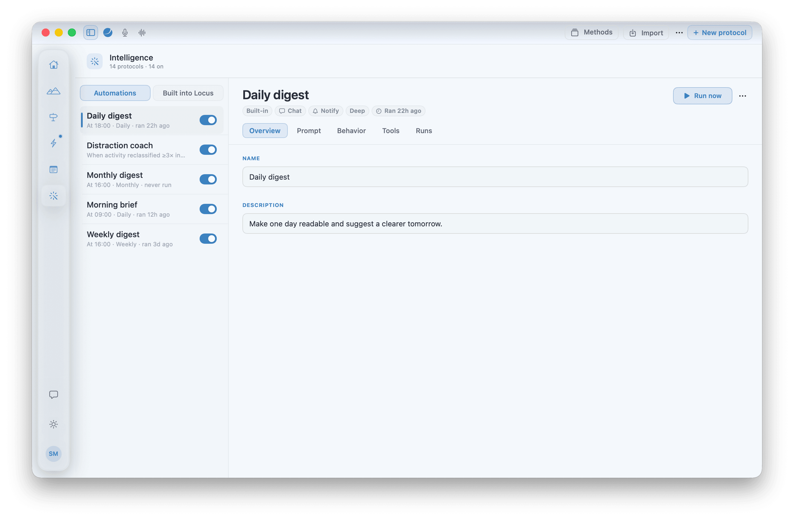 The System tab listing the protocols Locus runs on its own — daily digest, distraction coach, monthly digest, morning brief, weekly digest — with the Daily digest open.